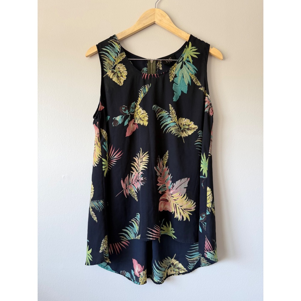 W5 Tank Top XL Black Tropical Leaf High-Low Sleeveless Back Zipper Scoop Neck